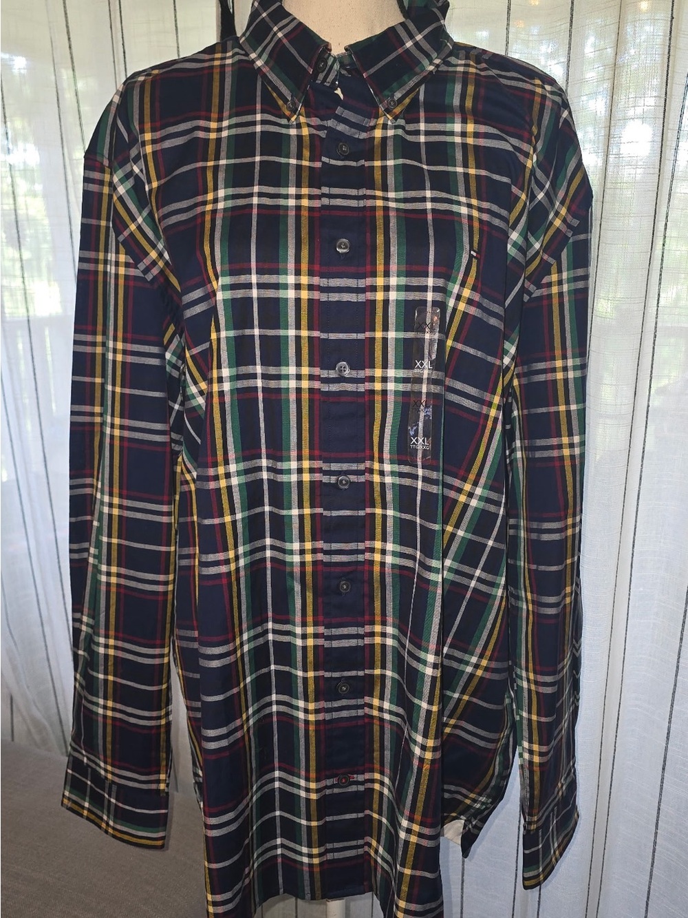 Tommy Hilfiger Navy Plaid Button-Down Shirt with Green, Yellow & Red Stripes